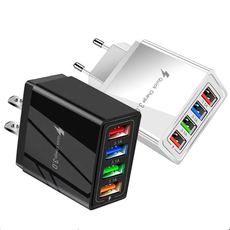 Simple Luminous 4-port USB wall charger with integrated UK plug in dark blue colour