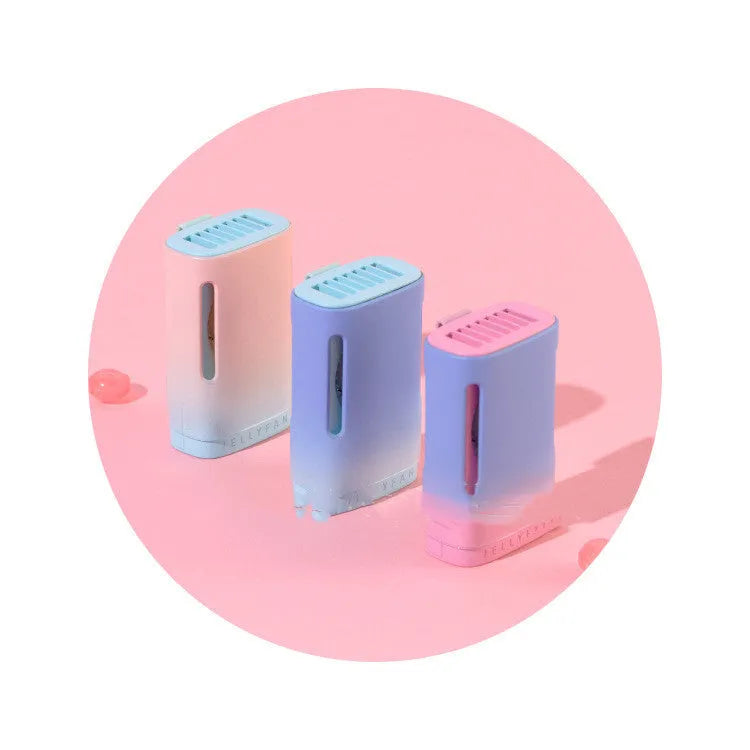 Jelly hanging neck and handheld USB rechargeable mini fan in mint peach colour