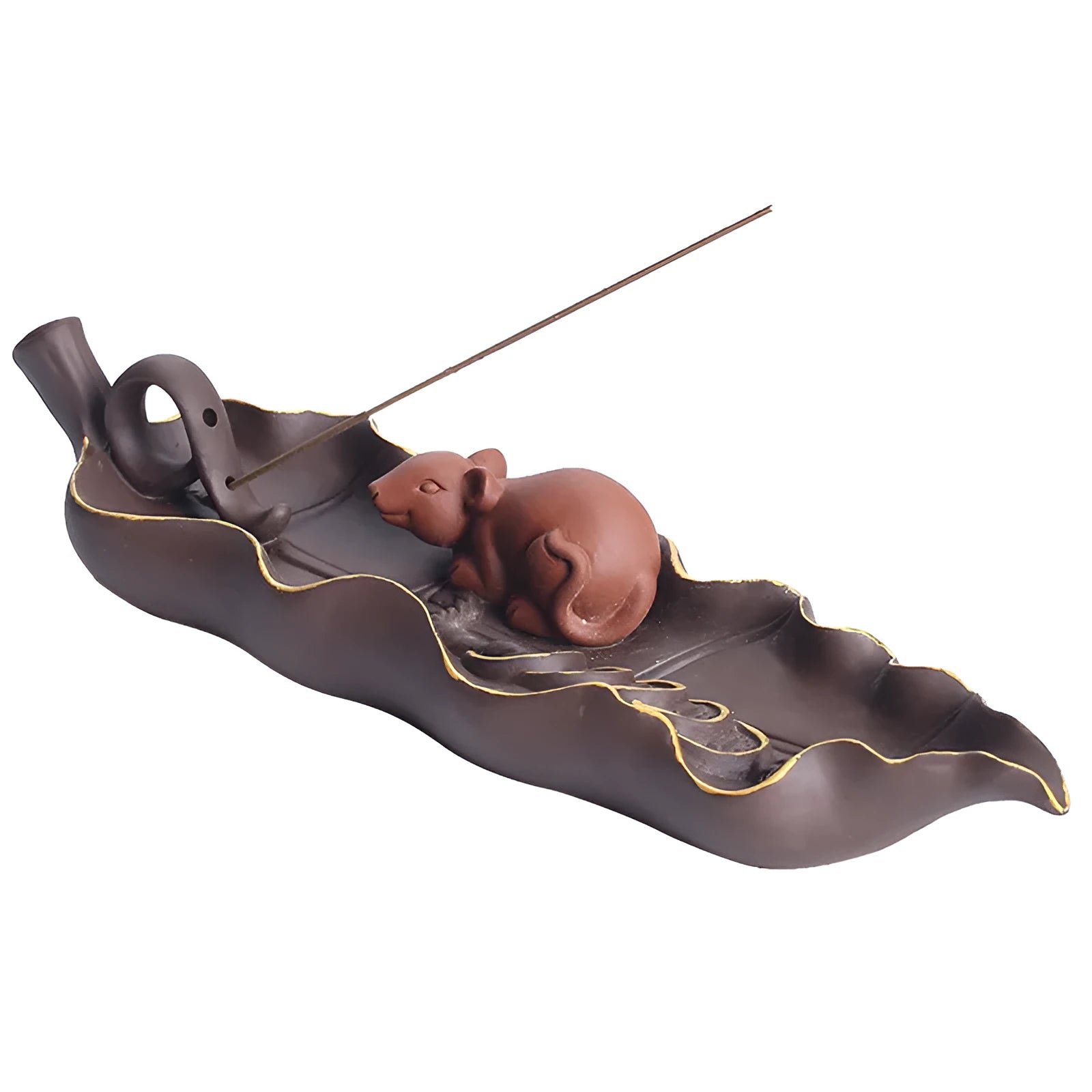 Purple clay ceramic lying incense burner with golden rat design