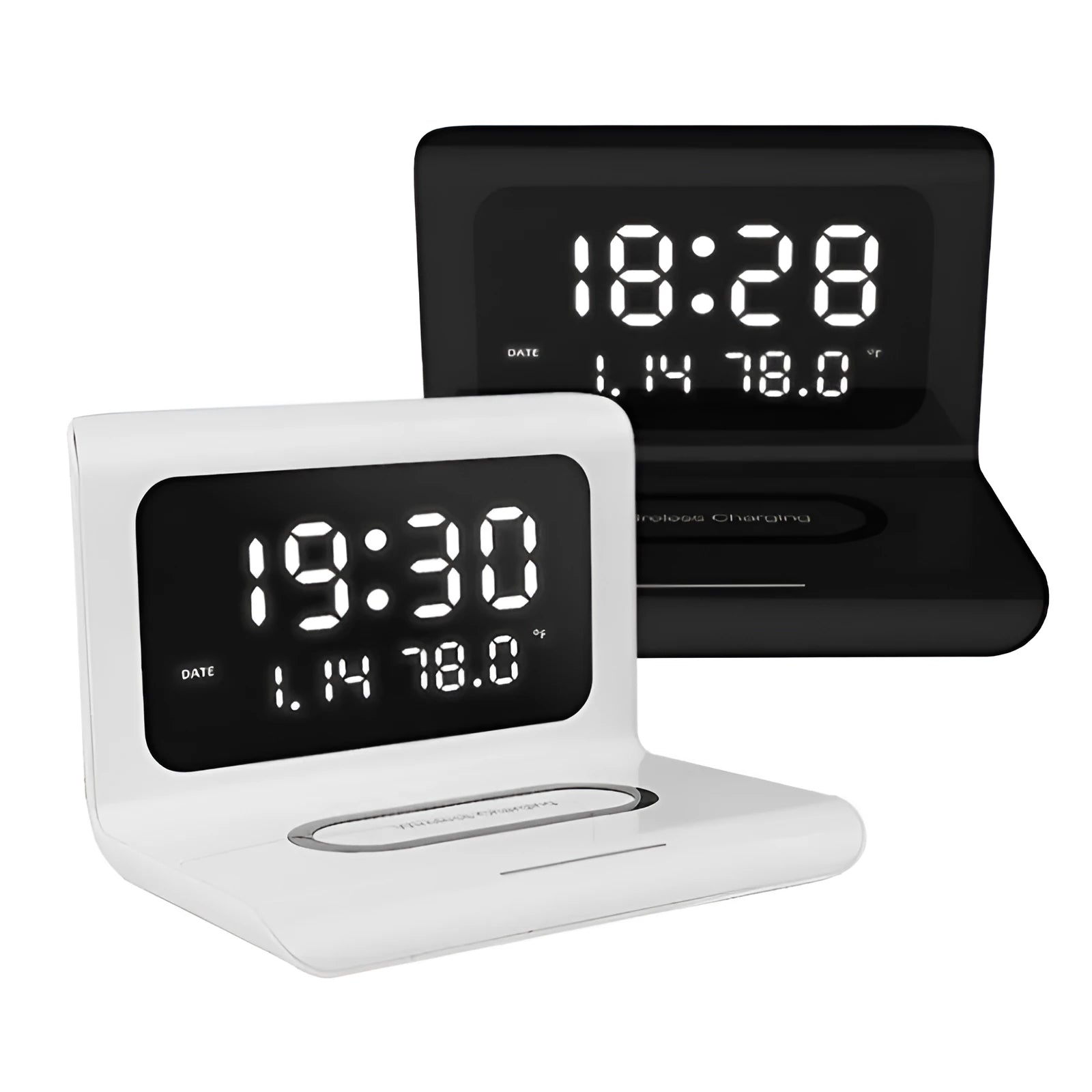 White wireless charger alarm clock showing time, date, and temperature on its display with a phone charging on top.