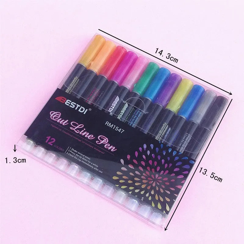 12 colour double line contour pen set in boxed packaging showing plastic construction and colour variety
