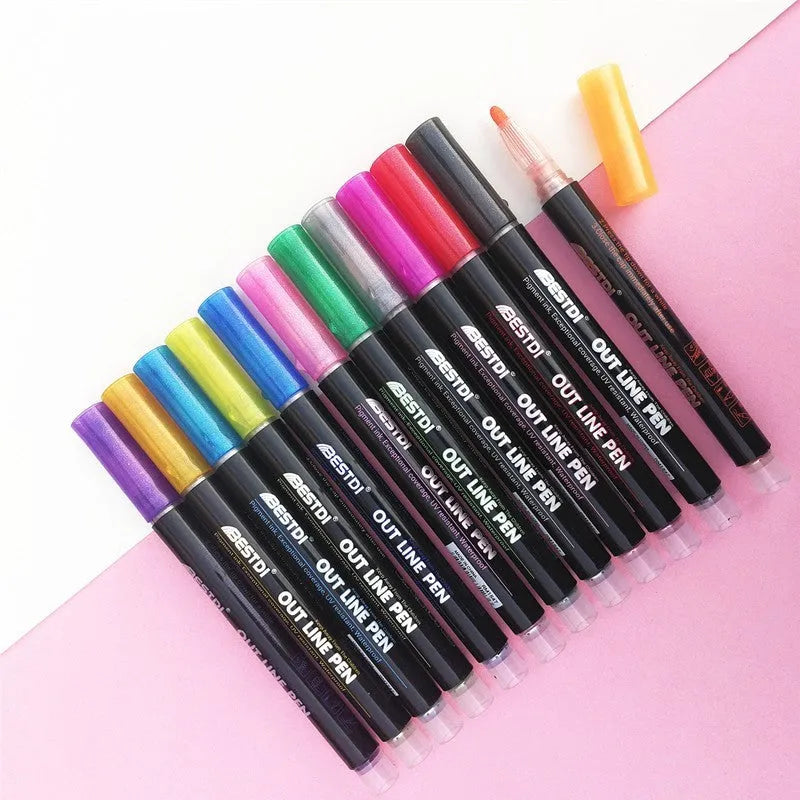 12 colour double line contour pen set in boxed packaging showing plastic construction and colour variety