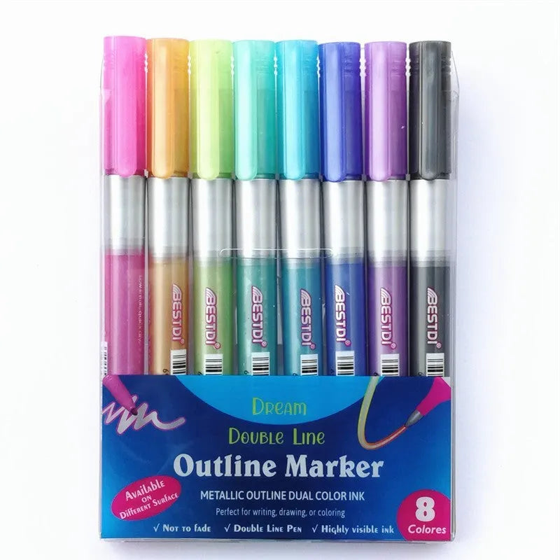 12 colour double line contour pen set in boxed packaging showing plastic construction and colour variety
