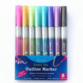 12 colour double line contour pen set in boxed packaging showing plastic construction and colour variety