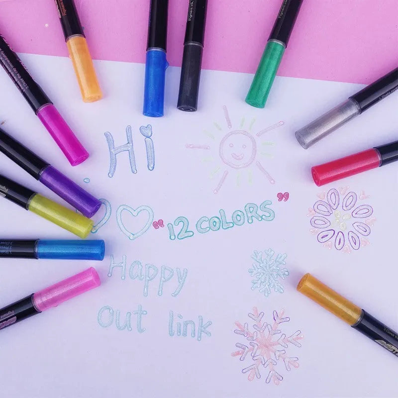 12 colour double line contour pen set in boxed packaging showing plastic construction and colour variety