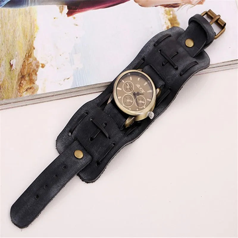 Retro cowhide punk men's wrist watch with 46mm dial and world time display in antique style