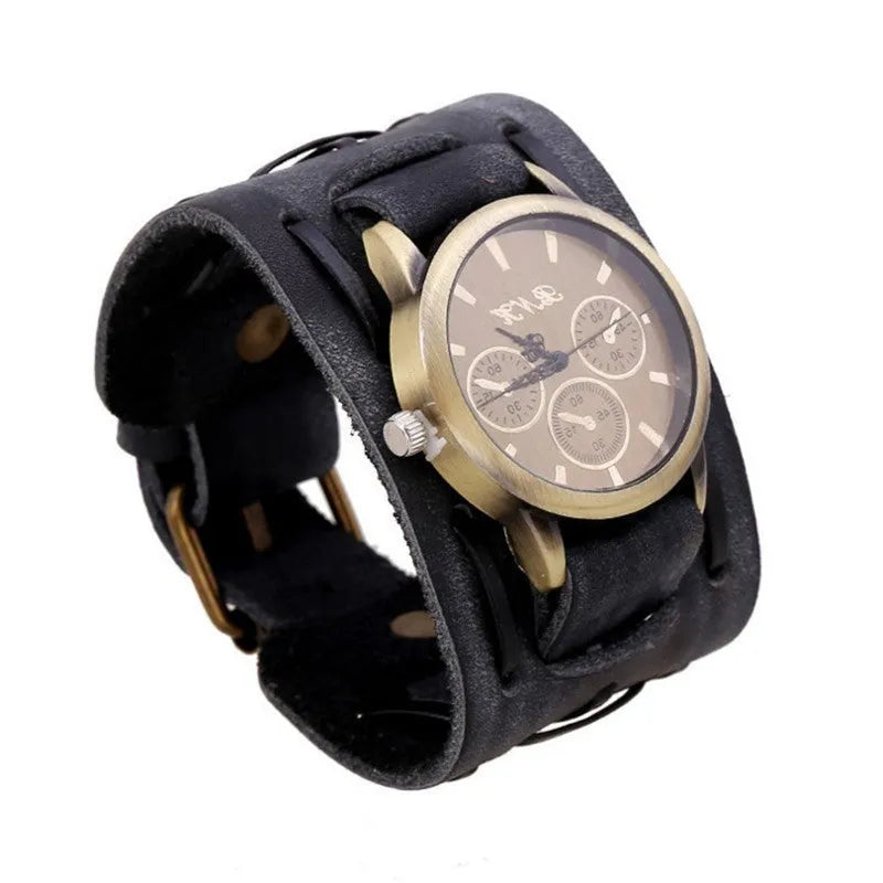 Retro cowhide punk men's wrist watch with 46mm dial and world time display in antique style