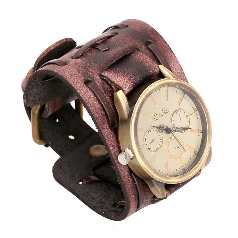 Retro cowhide punk men's wrist watch with 46mm dial and world time display in antique style