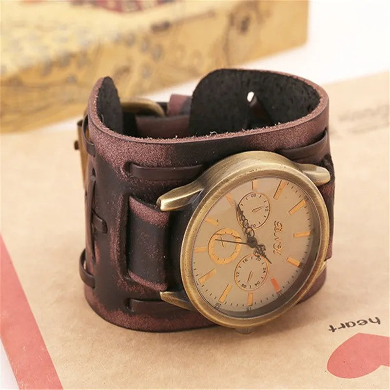 Retro cowhide punk men's wrist watch with 46mm dial and world time display in antique style