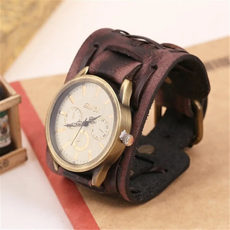Retro cowhide punk men's wrist watch with 46mm dial and world time display in antique style