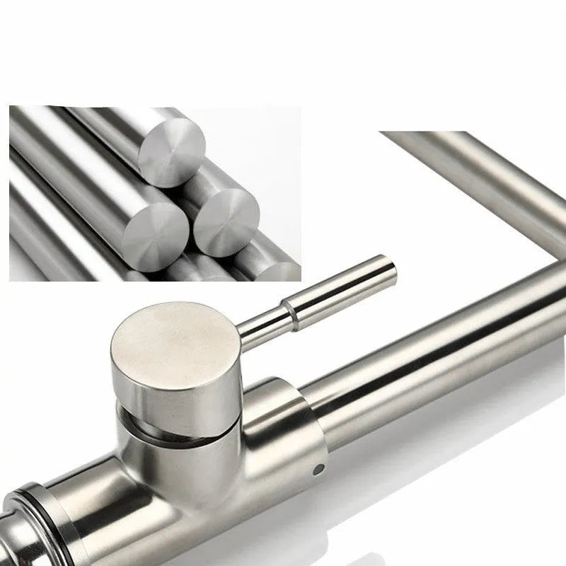 Silver stainless steel kitchen mixing tap with rotating spout and dual hot cold controls