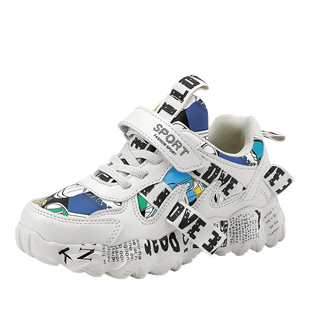Kids blue and white sneakers with Velcro strap and rubber sole.
