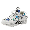 Kids blue and white sneakers with Velcro strap and rubber sole.