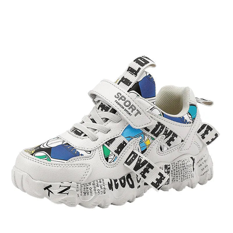 Kids blue and white sneakers with Velcro strap and rubber sole.