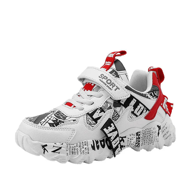 Kids blue and white sneakers with Velcro strap and rubber sole.
