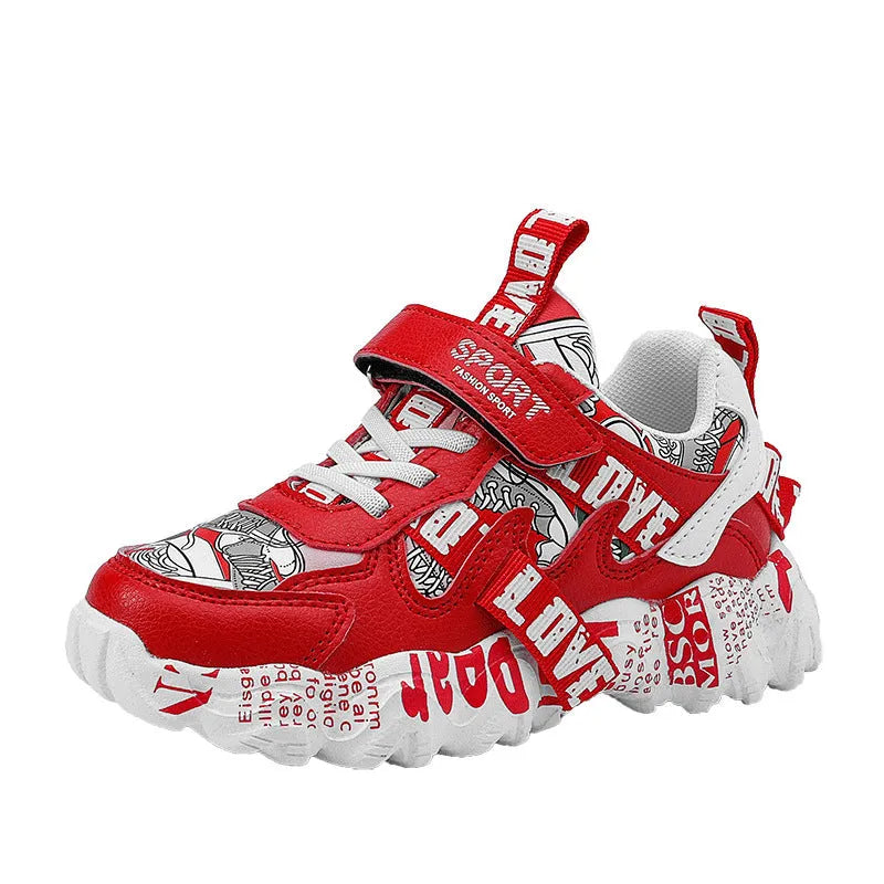 Kids blue and white sneakers with Velcro strap and rubber sole.