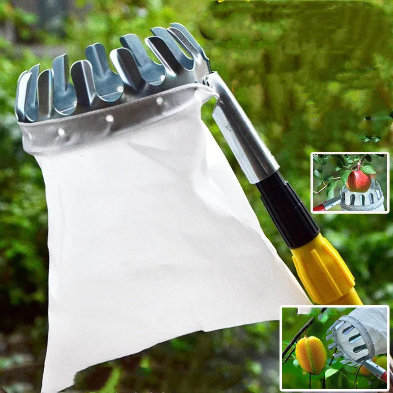 Steel frame fruit picker garden tool with cloth bag catcher for harvesting tree fruits