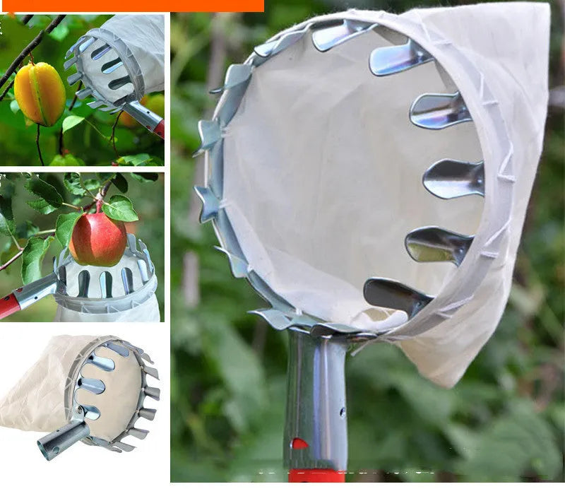 Steel frame fruit picker garden tool with cloth bag catcher for harvesting tree fruits