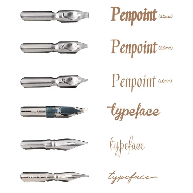 Wood and resin calligraphy dip pen with six replaceable nibs in black and brown colour options