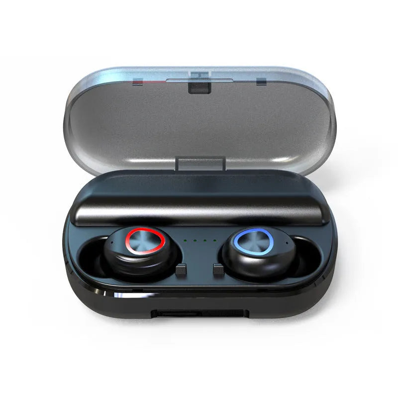 Black sports wireless Bluetooth headset with V8 earphone shell showing earplug design