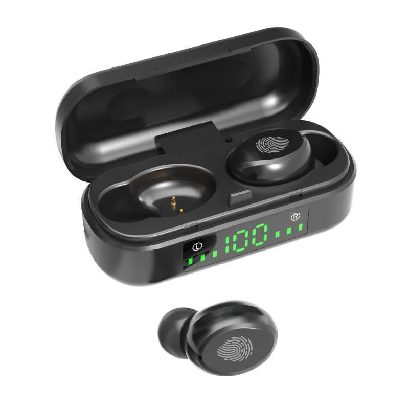 Black sports wireless Bluetooth headset with V8 earphone shell showing earplug design