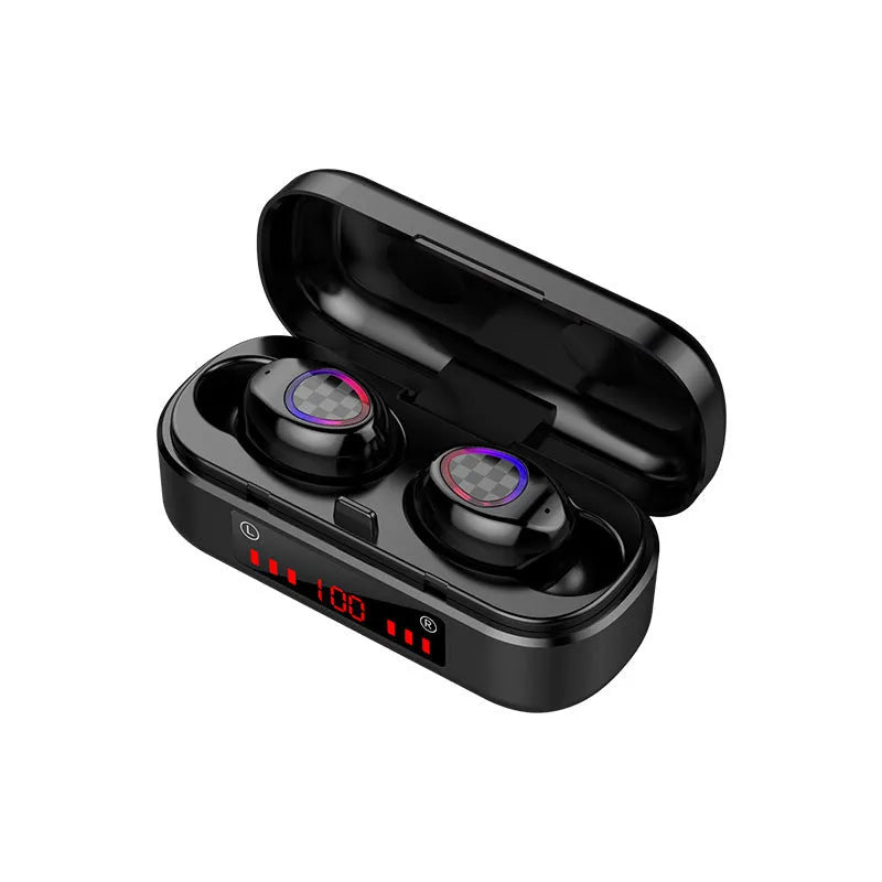Black sports wireless Bluetooth headset with V8 earphone shell showing earplug design