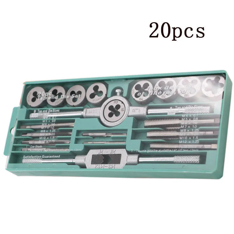 20-piece metric tap and die set with alloy steel taps in a case, showing silver and titanium-plated finish options.
