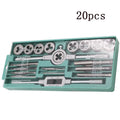 20-piece metric tap and die set with alloy steel taps in a case, showing silver and titanium-plated finish options.