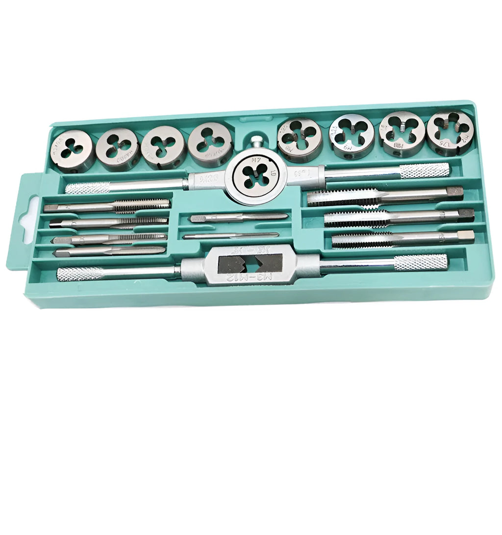 20-piece metric tap and die set with alloy steel taps in a case, showing silver and titanium-plated finish options.