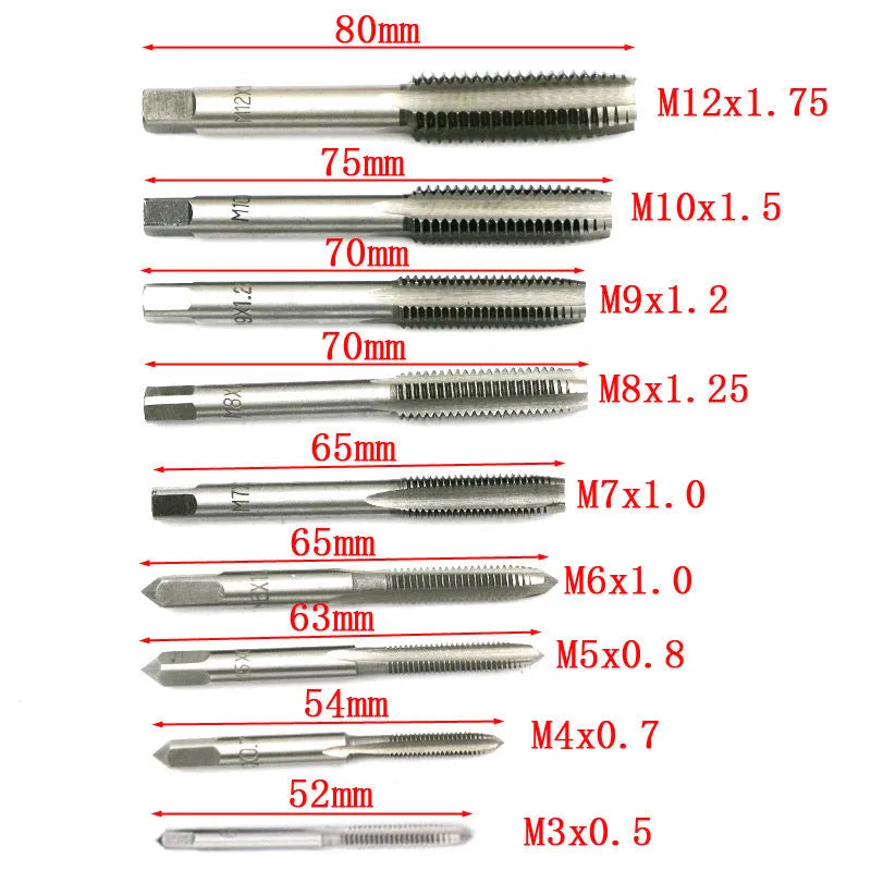 20-piece metric tap and die set with alloy steel taps in a case, showing silver and titanium-plated finish options.