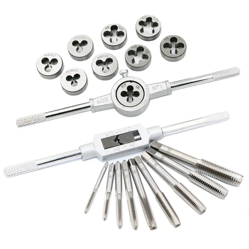 20-piece metric tap and die set with alloy steel taps in a case, showing silver and titanium-plated finish options.