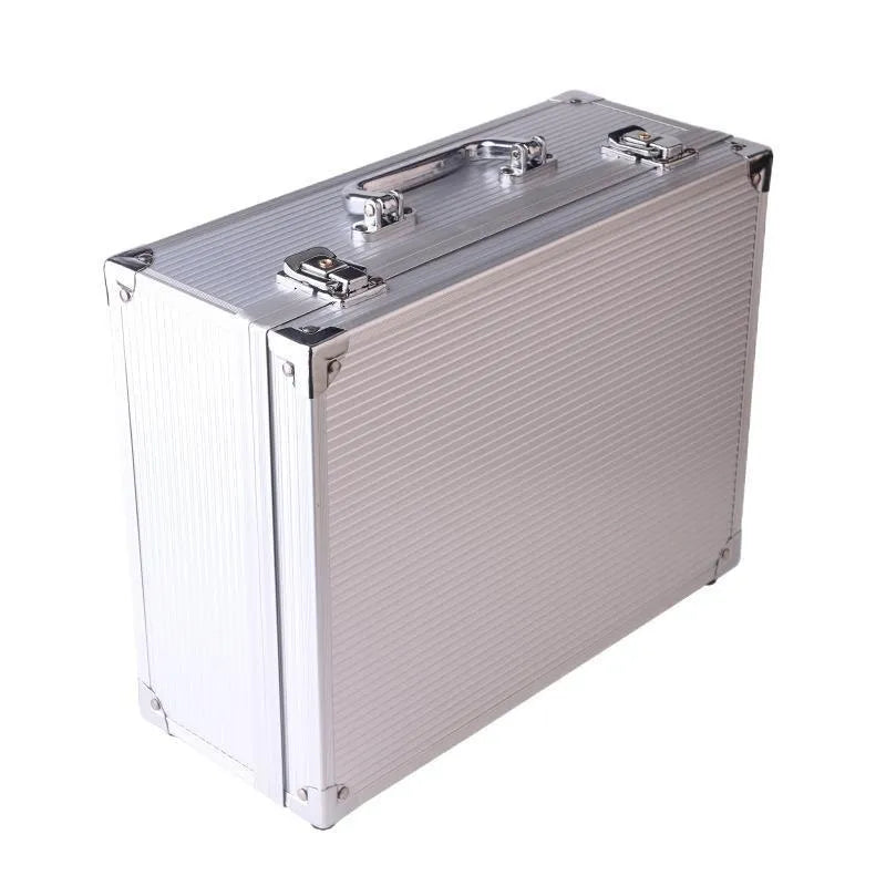 Black aluminium tattoo equipment storage box open, showing foam compartments for machine and supplies.