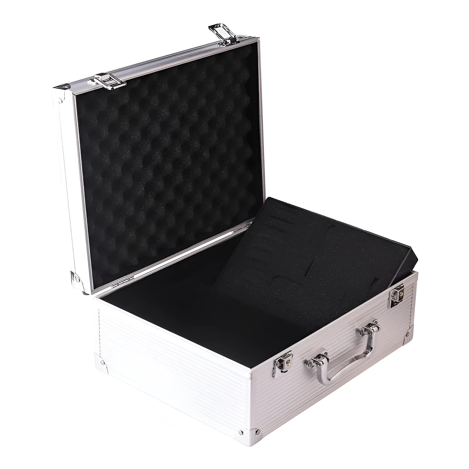 Black aluminium tattoo equipment storage box open, showing foam compartments for machine and supplies.