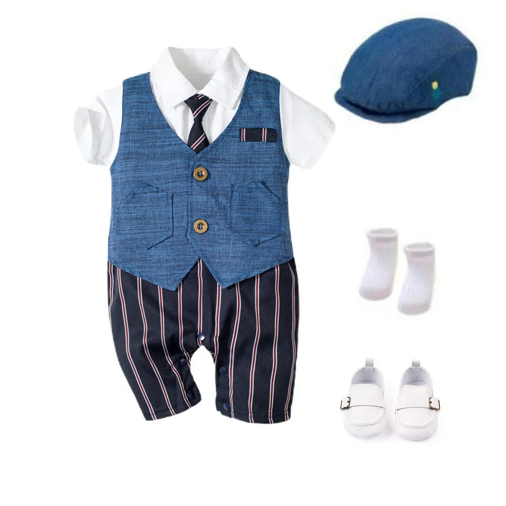 Infant boy cotton romper with detachable hood short sleeves single-breasted British style black shoes
