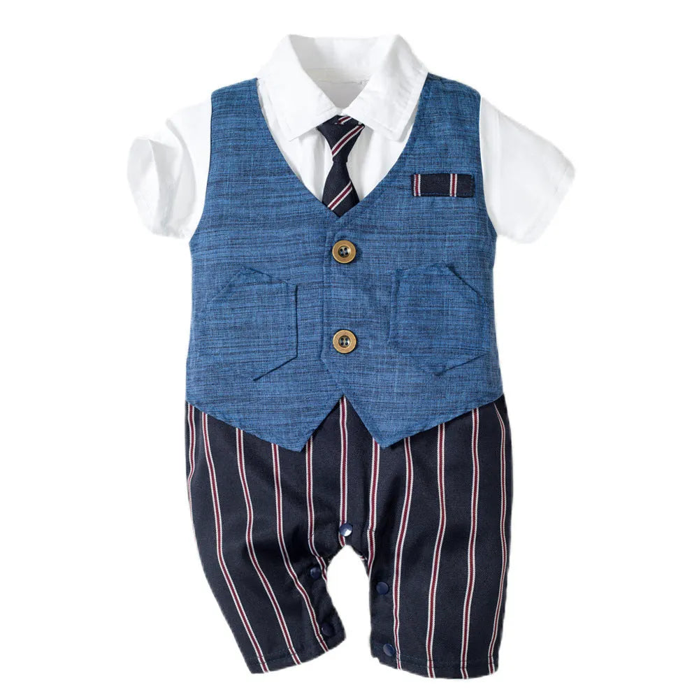 Infant boy cotton romper with detachable hood short sleeves single-breasted British style black shoes