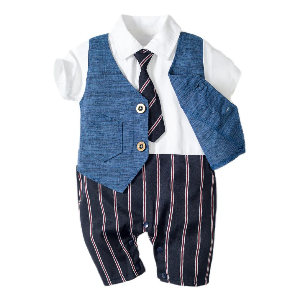 Infant boy cotton romper with detachable hood short sleeves single-breasted British style black shoes