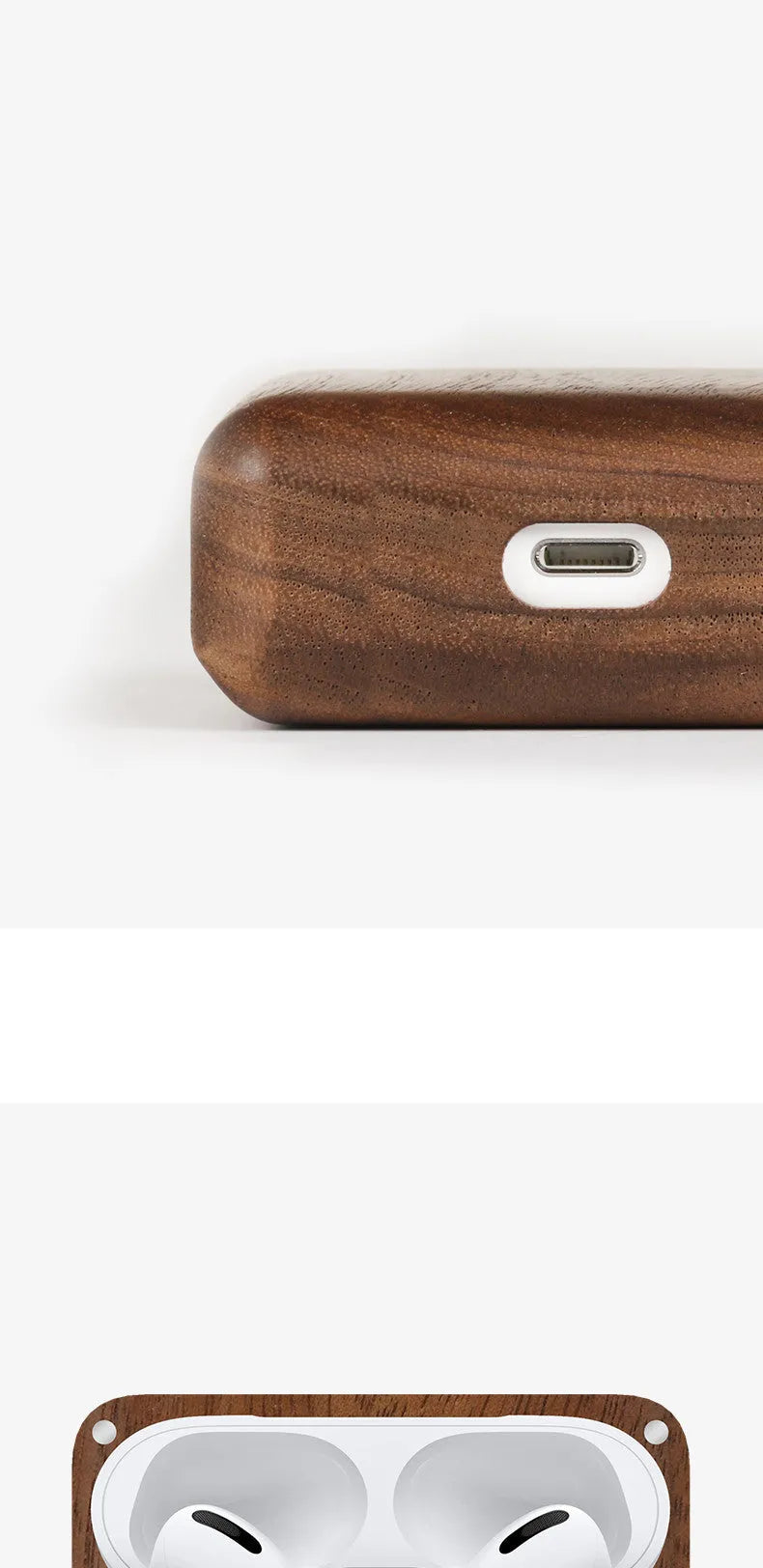 Solid wood Bluetooth earphone sleeve in walnut finish with attached black lanyard, next to wireless earphones.