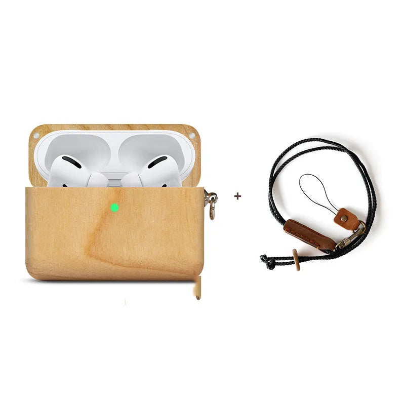 Solid wood Bluetooth earphone sleeve in walnut finish with attached black lanyard, next to wireless earphones.