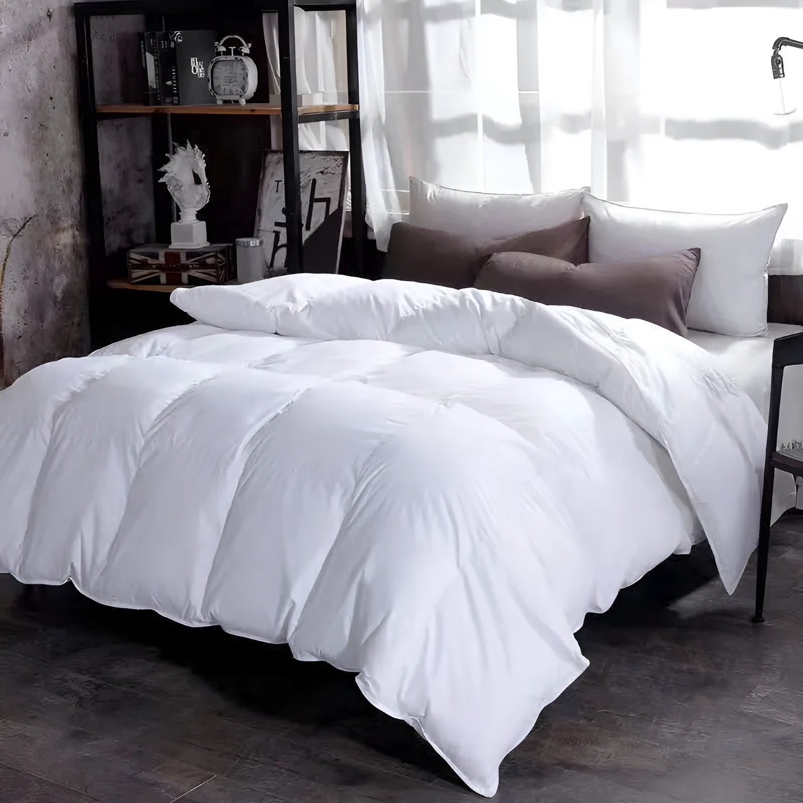 Goose down winter duvet in pink colour on a bed, showing twill weave fabric texture.