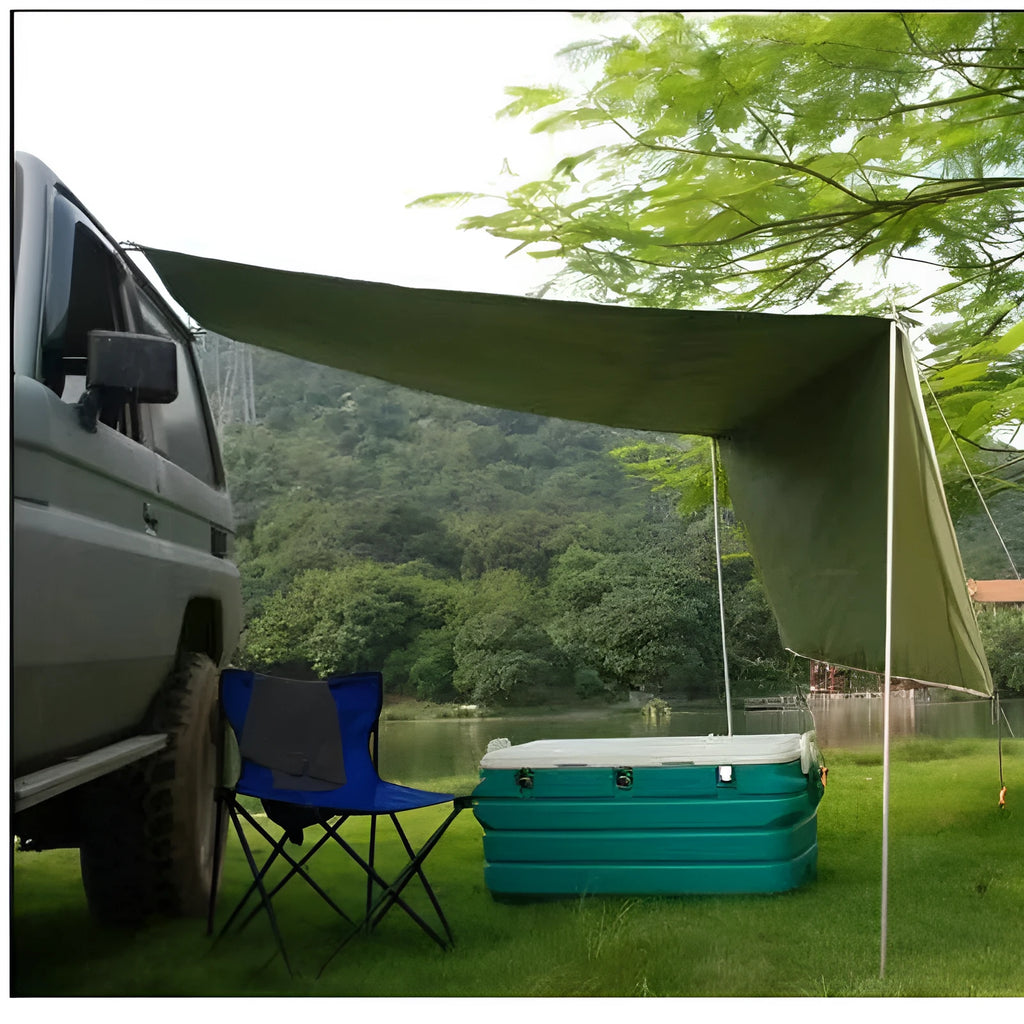 Green double tent car side awning with aluminium pole setup outdoors