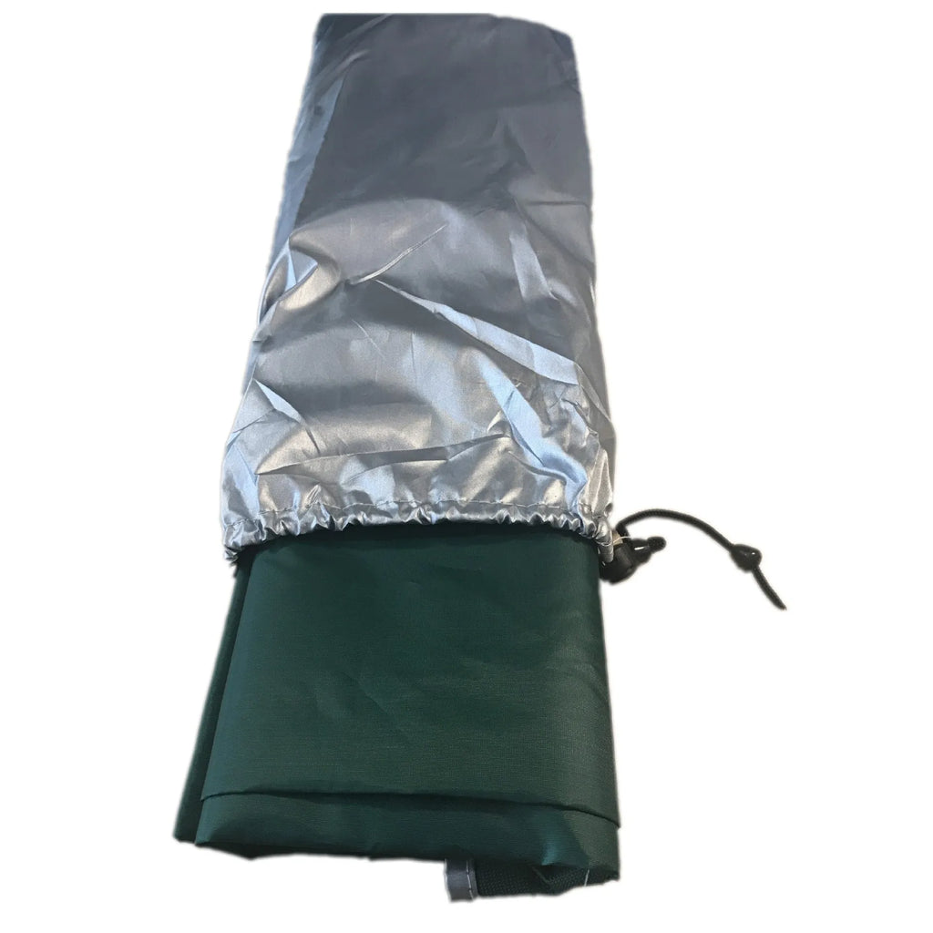 Green double tent car side awning with aluminium pole setup outdoors