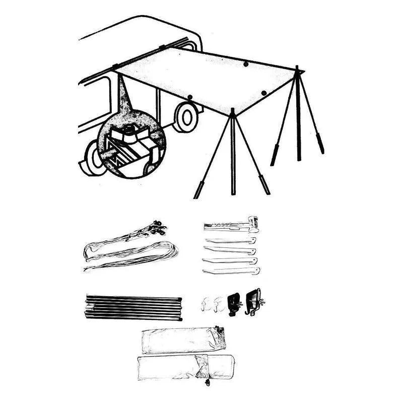 Green double tent car side awning with aluminium pole setup outdoors