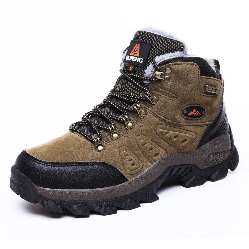 New large size outdoor hiking shoes for men and women with cotton lining, waterproof, front tie lacing, in Army Green colour