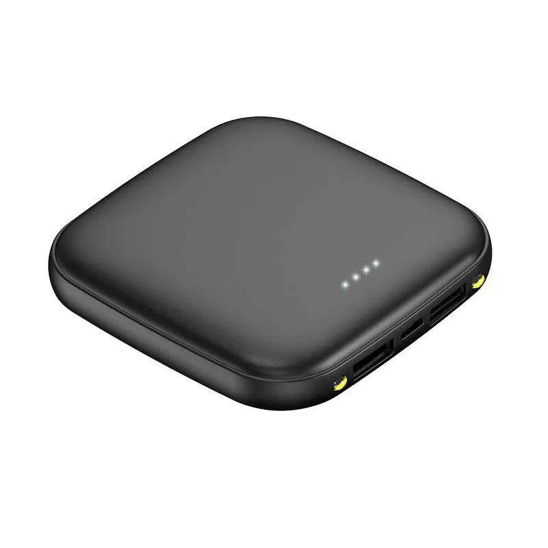 Black mini square power bank with LED flashlight, showing size scale