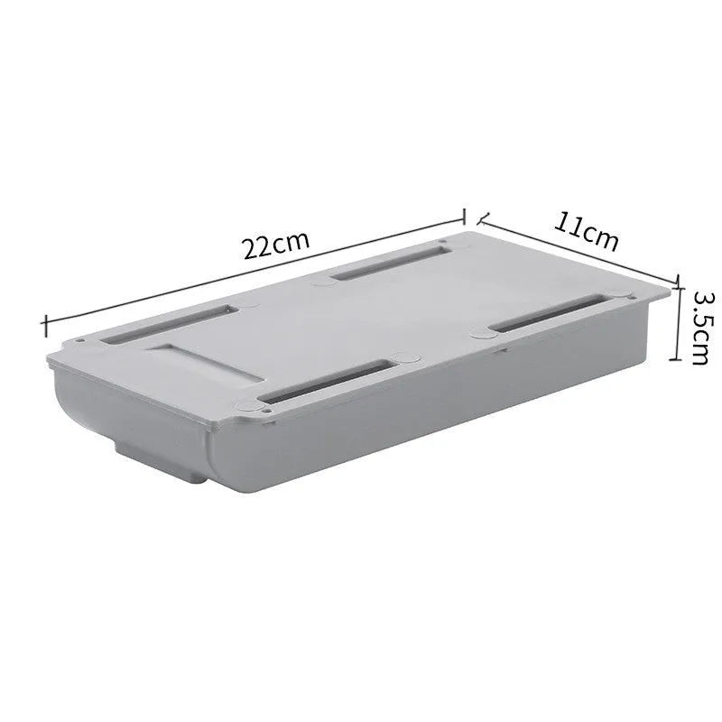 Grey plastic under-table drawer storage box for stationery, shown mounted underneath a wooden desk.