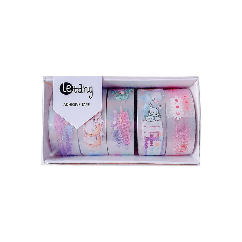 Five rolls of cartoon washi tape with dinosaur, duck, lucky cat, and rabbit designs.