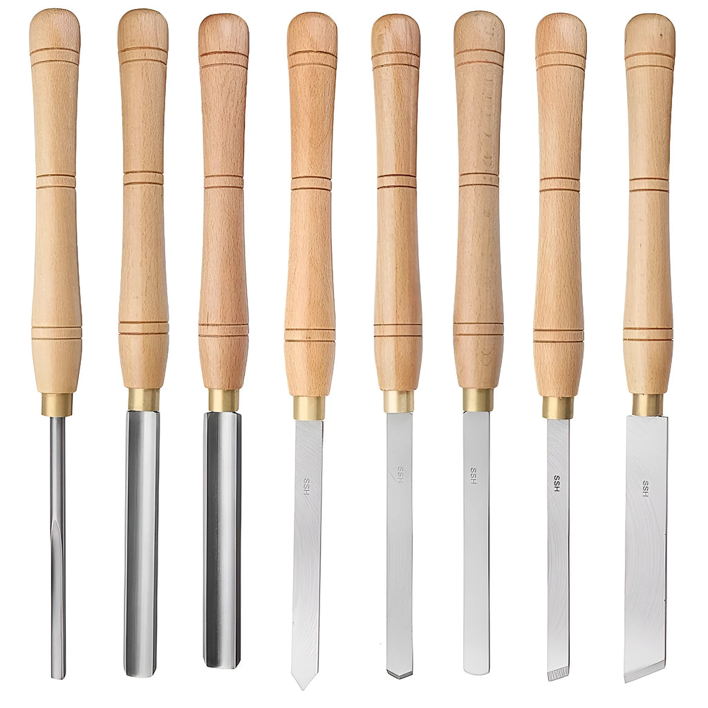 Open wooden box displaying eight different woodturning chisels with hardwood handles and chromium vanadium steel blades.
