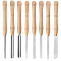 Open wooden box displaying eight different woodturning chisels with hardwood handles and chromium vanadium steel blades.