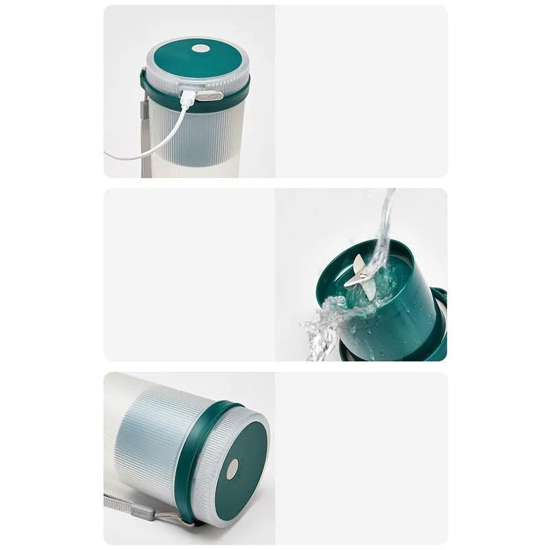 Portable pink and green rechargeable electric juicer cup with USB charging cable.