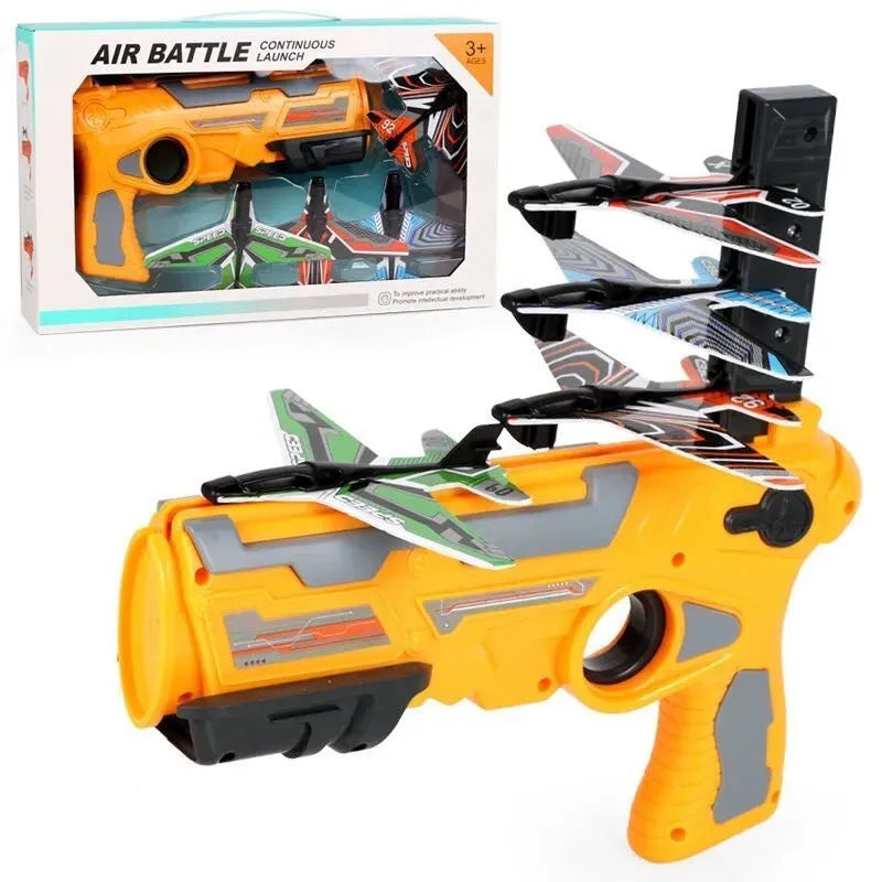 Dino Toys hand throwing spin glider launcher with blue foam airplanes and ABS plastic body